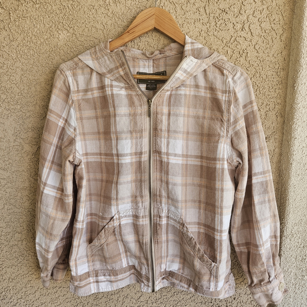 Eddie Bauer 100% Linen Hooded Jacket Plaid Neutral Coastal Grandma Size L